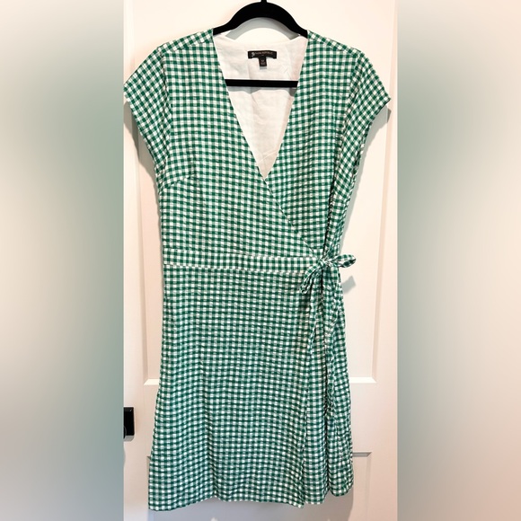 Banana Republic Cotton Linen Gingham Wrap Dress Green White Cottagecore Brunch - Picture 2 of 7